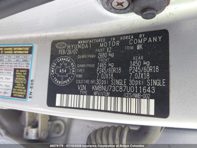 40078178 :رقم المزاد ، KM8NU73C87U011643 vin ، 2007 Hyundai Veracruz Gls/limited مزاد بيع