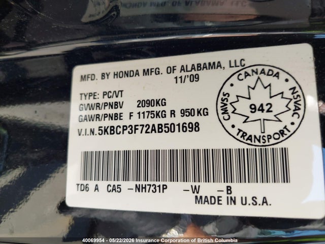 Продаж на аукціоні авто 2010 Honda Accord Ex, vin: 5KBCP3F72AB501698, номер лоту: 40069954