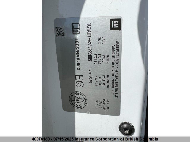 Aukcja sprzedaży 2010 Chevrolet Cobalt 1lt, vin: 1G1AD1F52A7222008, numer aukcji: 40078189