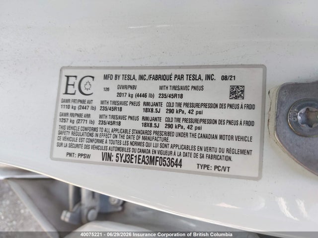 5YJ3E1EA3MF053644 Tesla MODEL 3