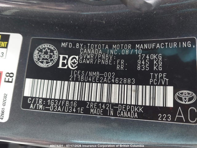 Продаж на аукціоні авто 2010 Toyota Corolla Ce, vin: 2T1BU4EE2AC462883, номер лоту: 40078201