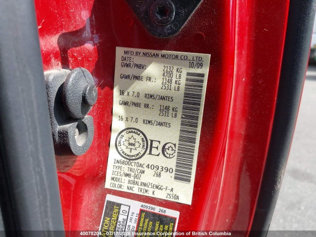 40078204 :رقم المزاد ، 1N6BD0CT0AC409390 vin ، 2010 Nissan Frontier King Cab Se/le/nismo مزاد بيع