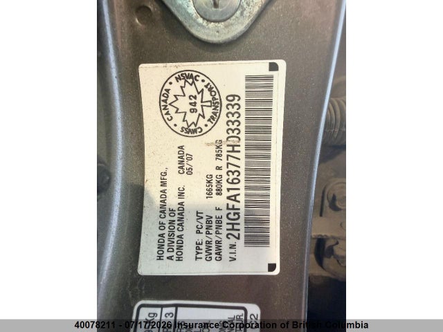 Aukcja sprzedaży 2007 Honda Civic, vin: 2HGFA16377H033339, numer aukcji: 40078211