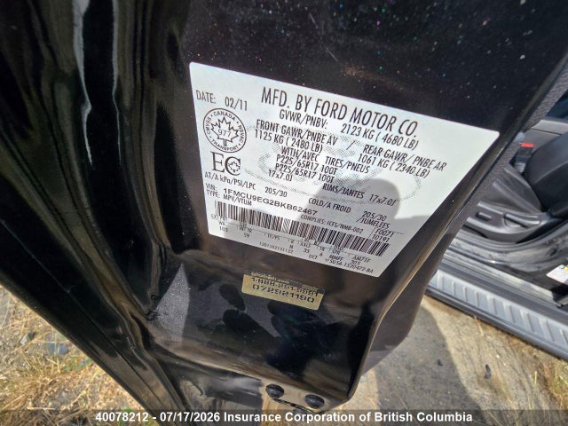 40078212 :رقم المزاد ، 1FMCU9EG2BKB62467 vin ، 2011 Ford Escape Limited مزاد بيع