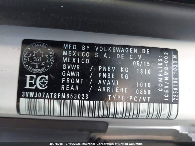 3VWJ07AT8FM653023 Volkswagen Beetle 1.8t