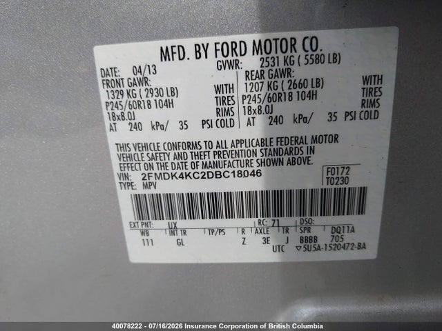 40078222 :رقم المزاد ، 2FMDK4KC2DBC18046 vin ، 2013 Ford Edge مزاد بيع