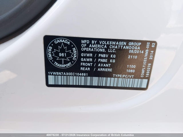 1VWBN7A30EC104681 Volkswagen PASSAT SE