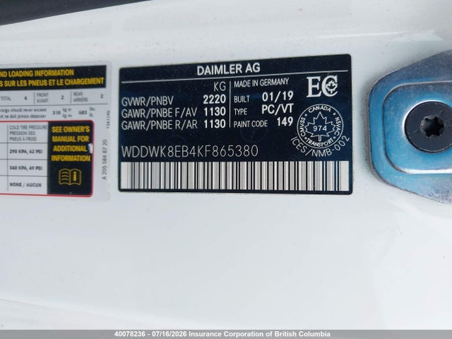 Aukcja sprzedaży 2019 Mercedes-benz C 300 4matic, vin: WDDWK8EB4KF865380, numer aukcji: 40078236