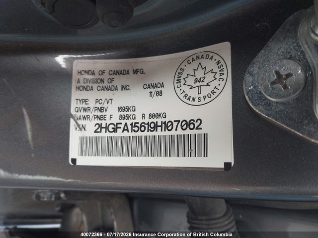 Продаж на аукціоні авто 2009 Honda Civic Lx-s, vin: 2HGFA15619H107062, номер лоту: 40072366