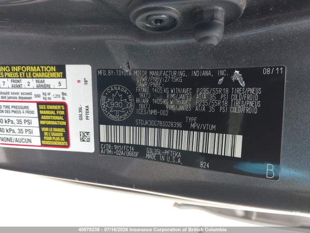 Aukcja sprzedaży 2011 Toyota Sienna Le 7 Passenger, vin: 5TDJK3DC7BS028396, numer aukcji: 40078238