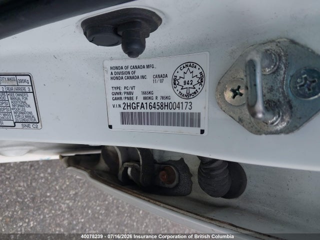 Продажа на аукционе авто 2008 Honda Civic, vin: 2HGFA16458H004173, номер лота: 40078239