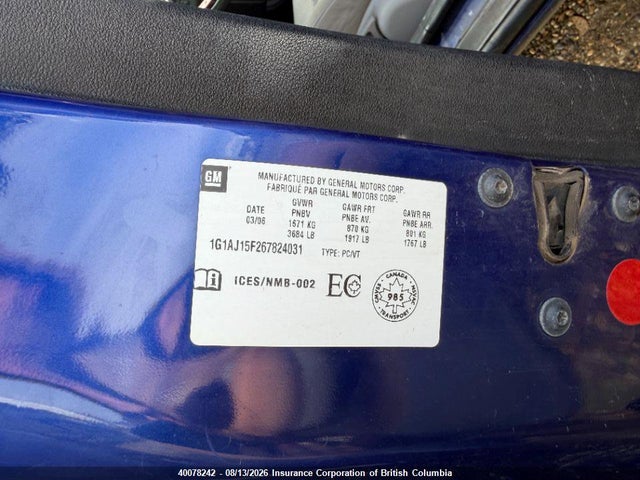 Aukcja sprzedaży 2006 Chevrolet Cobalt Ls, vin: 1G1AJ15F267824031, numer aukcji: 40078242