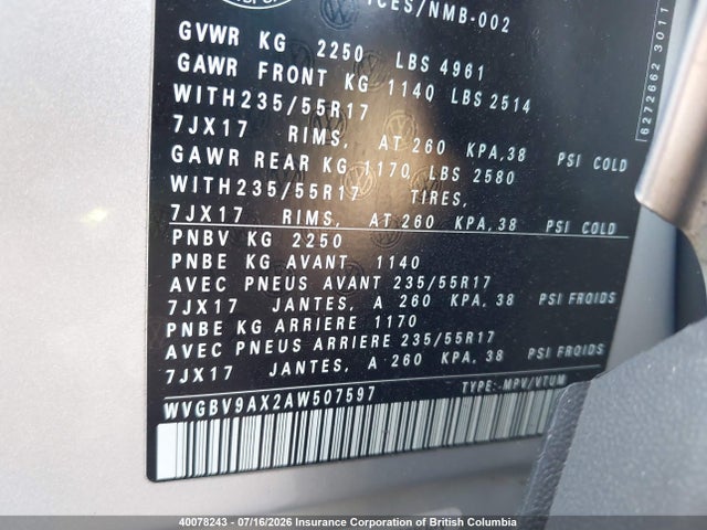 2010 Volkswagen Tiguan მანქანა იყიდება აუქციონზე, vin: WVGBV9AX2AW507597, აუქციონის ნომერი: 40078243