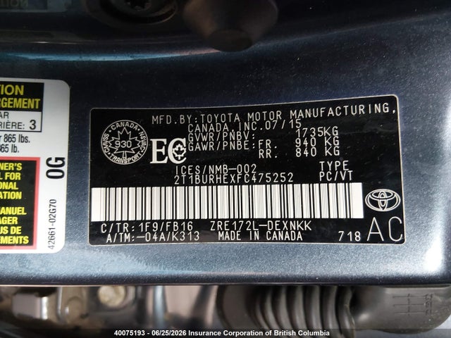 Продаж на аукціоні авто 2015 Toyota Corolla L/le/le Pls/prm/s/s Pls, vin: 2T1BURHEXFC475252, номер лоту: 40075193