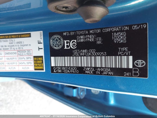 JTDL9RFU2K3009253 Toyota Prius