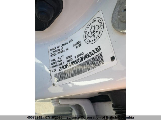 Aukcja sprzedaży 2009 Honda Civic, vin: 2HGFA166X9H103039, numer aukcji: 40078248