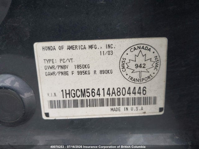 40078253 :رقم المزاد ، 1HGCM56414A804446 vin ، 2004 Honda Accord Lx مزاد بيع
