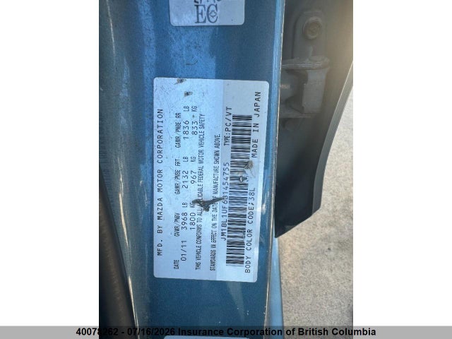 Aukcja sprzedaży 2011 Mazda 3 I, vin: JM1BL1UF6B1454755, numer aukcji: 40078262