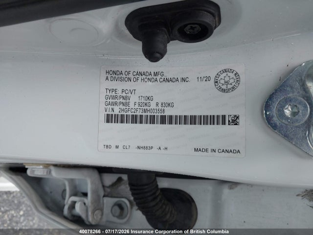 2021 Honda Civic მანქანა იყიდება აუქციონზე, vin: 2HGFC2F73MH003558, აუქციონის ნომერი: 40078266