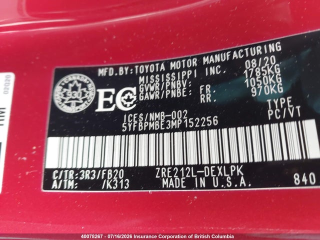 5YFBPMBE3MP152256 Toyota COROLLA LE