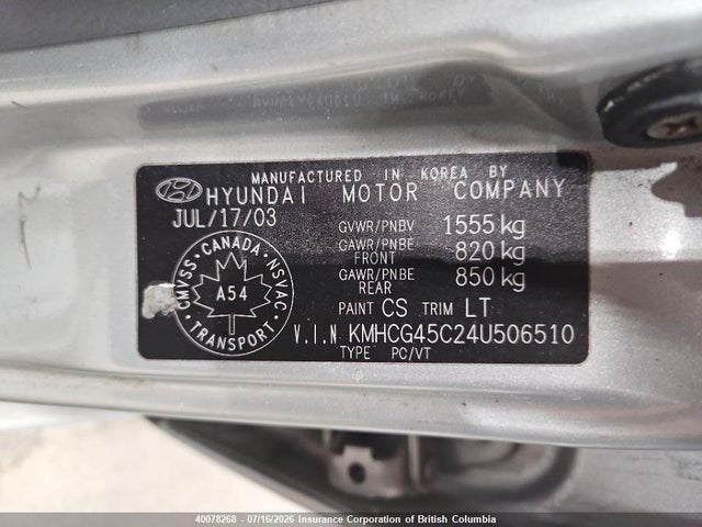 Aukcja sprzedaży 2004 Hyundai Accent Gl, vin: KMHCG45C24U506510, numer aukcji: 40078268