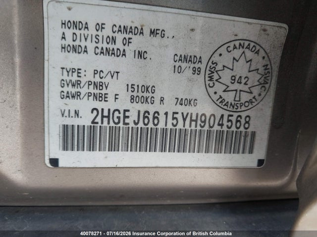 Продажа на аукционе авто 2000 Honda Civic, vin: 2HGEJ6615YH904568, номер лота: 40078271