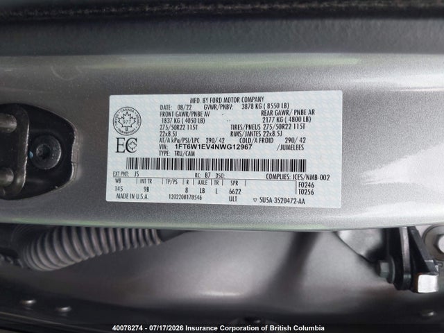 2022 Ford F150 მანქანა იყიდება აუქციონზე, vin: 1FT6W1EV4NWG12967, აუქციონის ნომერი: 40078274