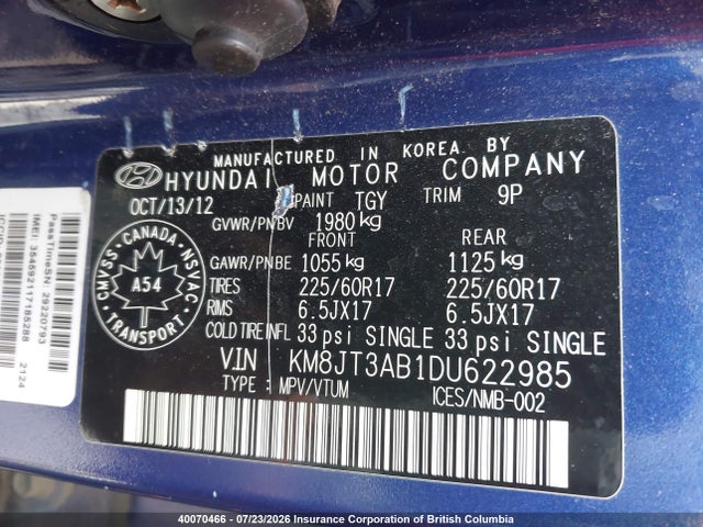 40070466 :رقم المزاد ، KM8JT3AB1DU622985 vin ، 2013 Hyundai Tucson Gl مزاد بيع