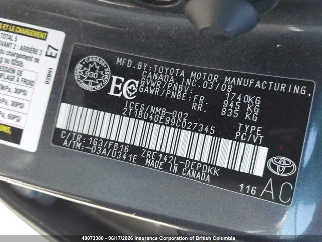 40073380 :رقم المزاد ، 2T1BU40E99C027345 vin ، 2009 Toyota Corolla S/le/xle مزاد بيع