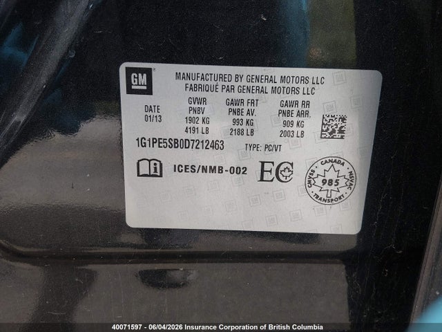 2013 Chevrolet Cruze Lt მანქანა იყიდება აუქციონზე, vin: 1G1PE5SB0D7212463, აუქციონის ნომერი: 40071597