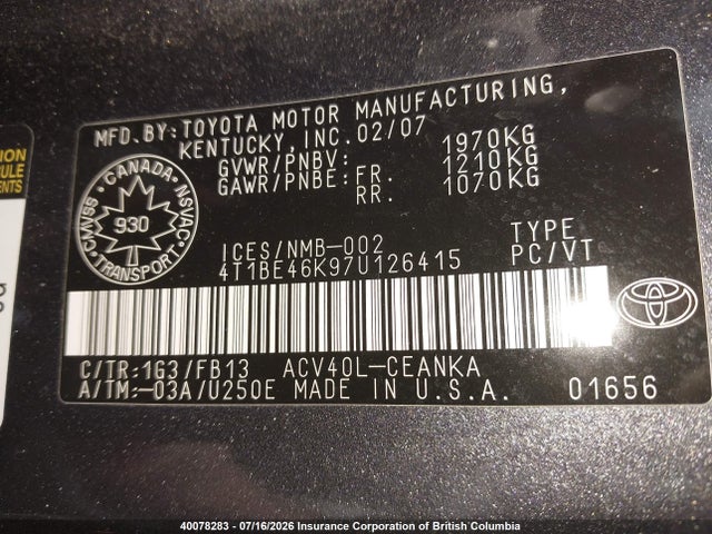 Продажа на аукционе авто 2007 Toyota Camry, vin: 4T1BE46K97U126415, номер лота: 40078283