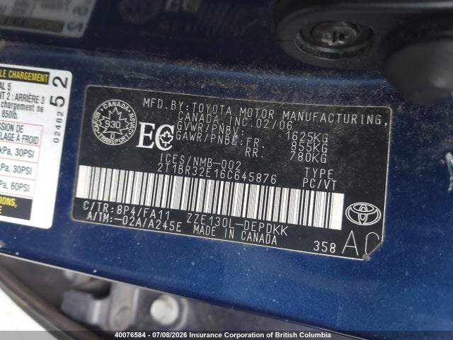 Продаж на аукціоні авто 2006 Toyota Corolla Ce/le/s, vin: 2T1BR32E16C645876, номер лоту: 40076584