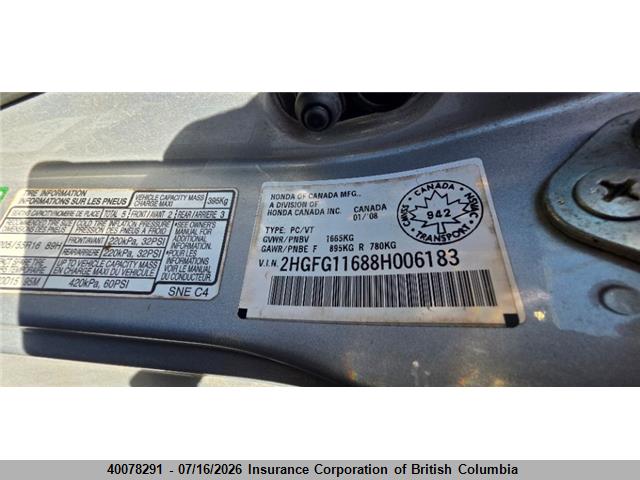 Продаж на аукціоні авто 2008 Honda Civic, vin: 2HGFG11688H006183, номер лоту: 40078291