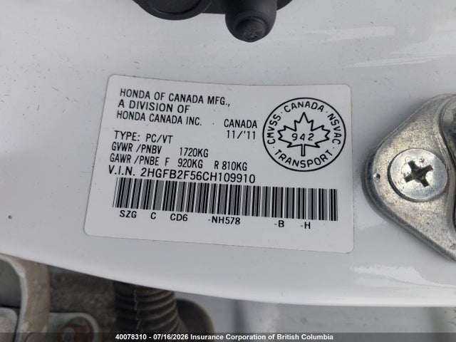Продажа на аукционе авто 2012 Honda Civic, vin: 2HGFB2F56CH109910, номер лота: 40078310