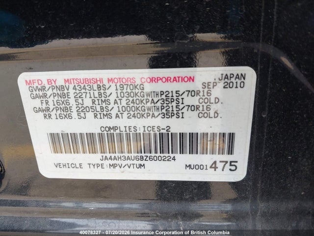 40078327 :رقم المزاد ، JA4AH3AU6BZ600224 vin ، 2011 Mitsubishi Rvr مزاد بيع