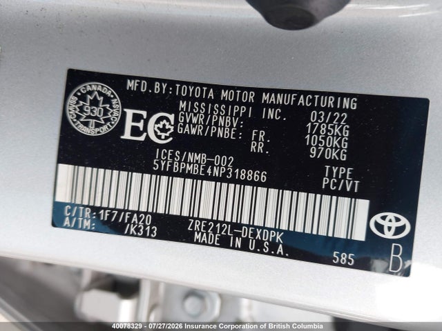 Продаж на аукціоні авто 2022 Toyota Corolla L, vin: 5YFBPMBE4NP318866, номер лоту: 40078329