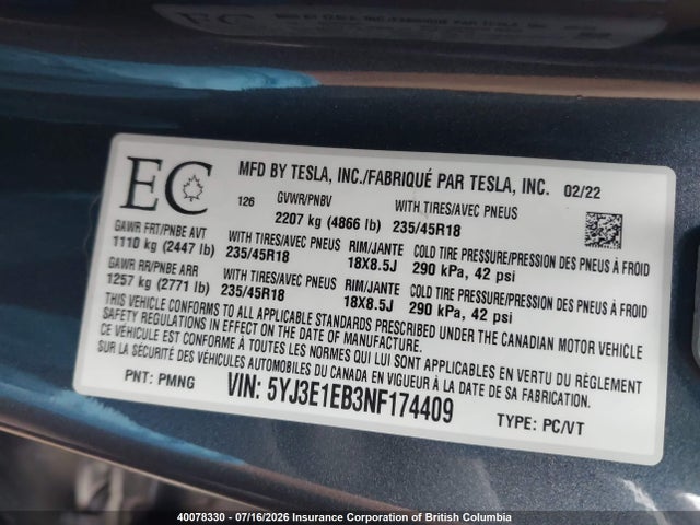 5YJ3E1EB3NF174409 Tesla MODEL 3