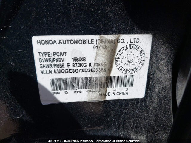 40075710 :رقم المزاد ، LUCGE8G7XD3003358 vin ، 2013 Honda Fit Sport مزاد بيع