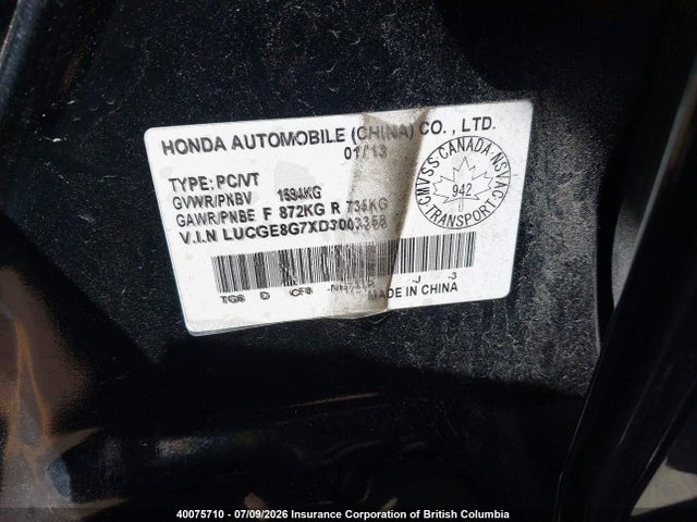 40075710 :رقم المزاد ، LUCGE8G7XD3003358 vin ، 2013 Honda Fit Sport مزاد بيع