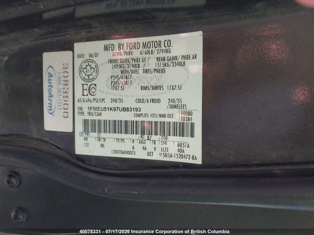 40078331 :رقم المزاد ، 1FMEU51K97UB83193 vin ، 2007 Ford Explorer Sport Trac Xlt مزاد بيع