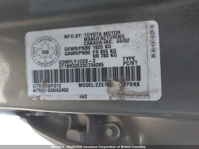 Продаж на аукціоні авто 2003 Toyota Corolla Ce/le/s, vin: 2T1BR32E23C734285, номер лоту: 40075574