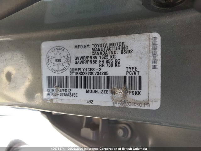 Продаж на аукціоні авто 2003 Toyota Corolla Ce/le/s, vin: 2T1BR32E23C734285, номер лоту: 40075574