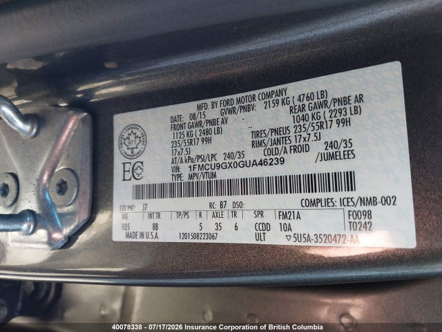 40078338 :رقم المزاد ، 1FMCU9GX0GUA46239 vin ، 2016 Ford Escape Se مزاد بيع