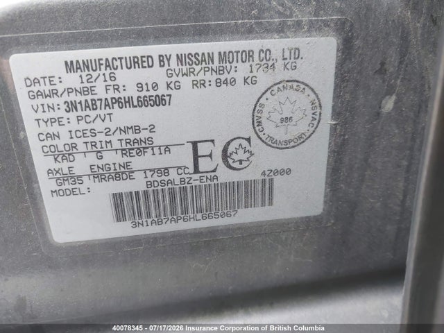 3N1AB7AP6HL665067 Nissan Sentra 1.8 S/1.8 Sl/1.8 Sv