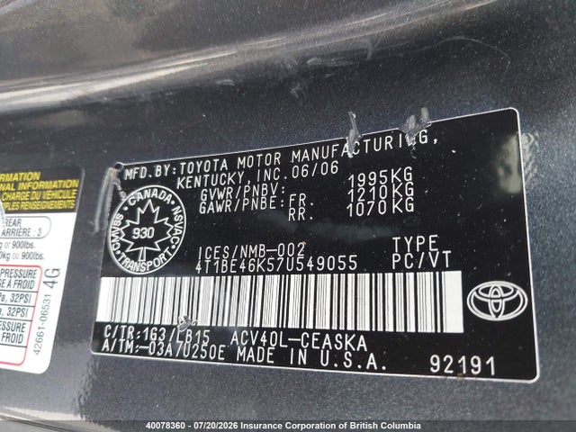 Продаж на аукціоні авто 2007 Toyota Camry, vin: 4T1BE46K57U549055, номер лоту: 40078360