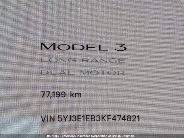 Aukcja sprzedaży 2019 Tesla Model 3, vin: 5YJ3E1EB3KF474821, numer aukcji: 40078362