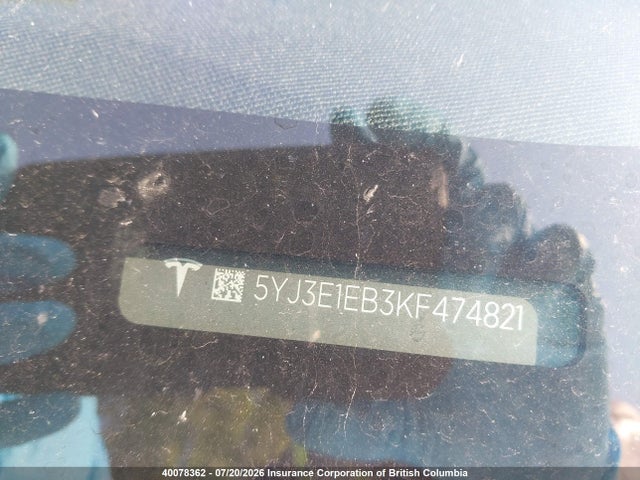 Aukcja sprzedaży 2019 Tesla Model 3, vin: 5YJ3E1EB3KF474821, numer aukcji: 40078362
