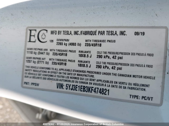 Aukcja sprzedaży 2019 Tesla Model 3, vin: 5YJ3E1EB3KF474821, numer aukcji: 40078362