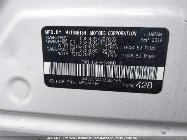 Aukcja sprzedaży 2017 Mitsubishi Outlander Se/sel, vin: JA4JZ3AX4HZ602165, numer aukcji: 40071375