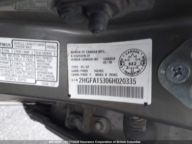 Продажа на аукционе авто 2006 Honda Civic, vin: 2HGFA15306H020335, номер лота: 40078367